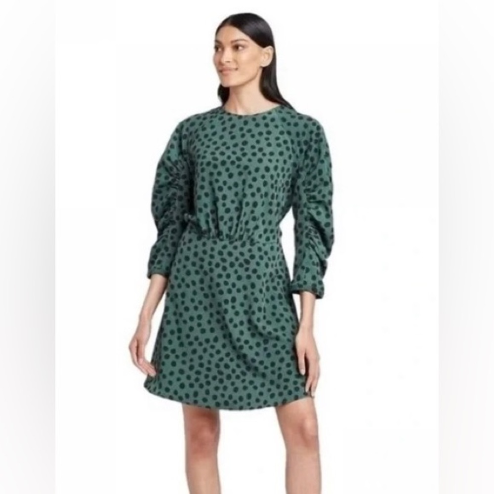 (B1) Who What Wear Green Black Cheetah Polka Dot Puff Sleeve Lifestyle Dress XXL
